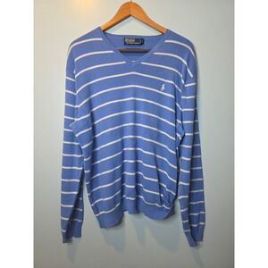 Polo Ralph‎ Lauren Sweater Mens Size XL V Neck Logo Blue Striped Long Sleeve